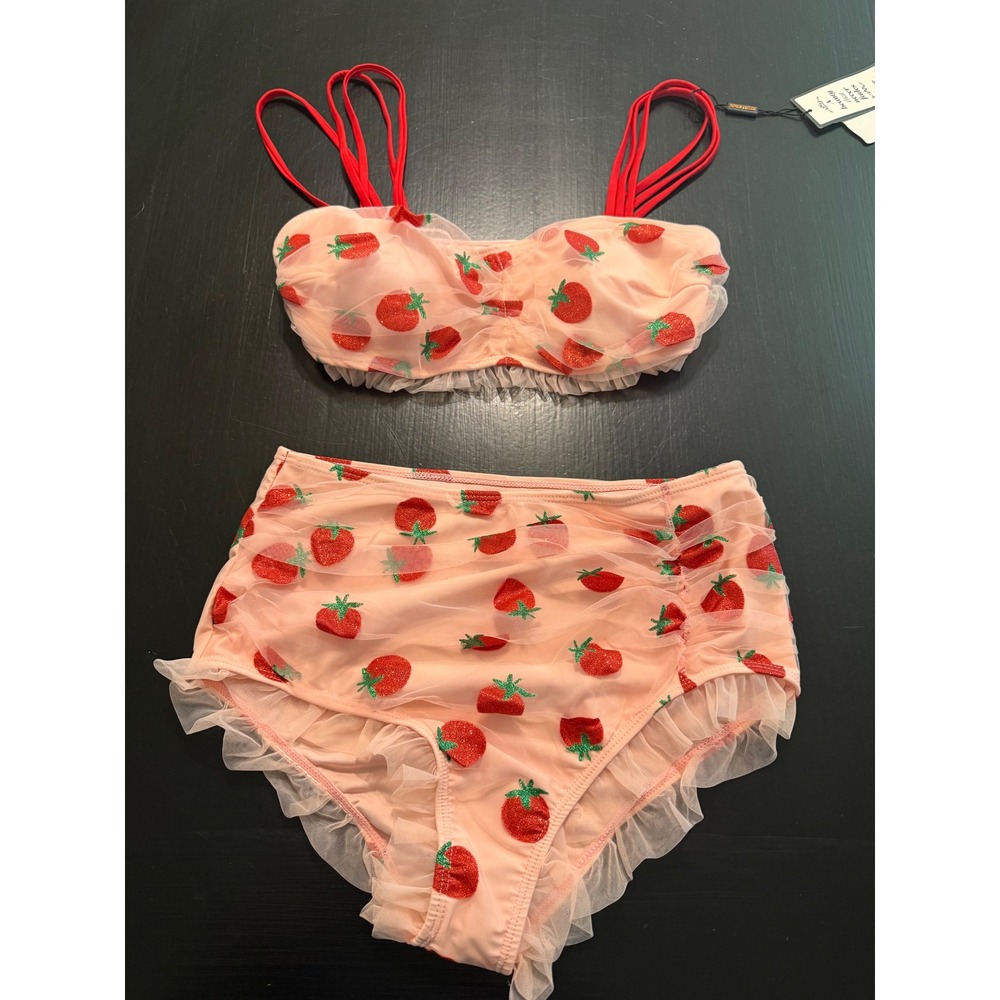 Retro Stage Strawberry Print High Waisted Bikini Set Peach Red Ruffle Mesh L
